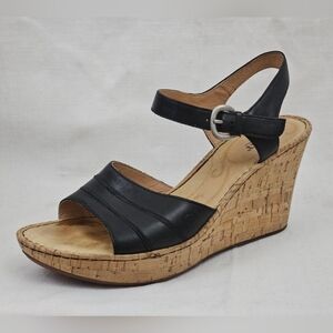 Born Agnio 10 Leather Wedge Sandals Ankle Strap Cork Platform Black